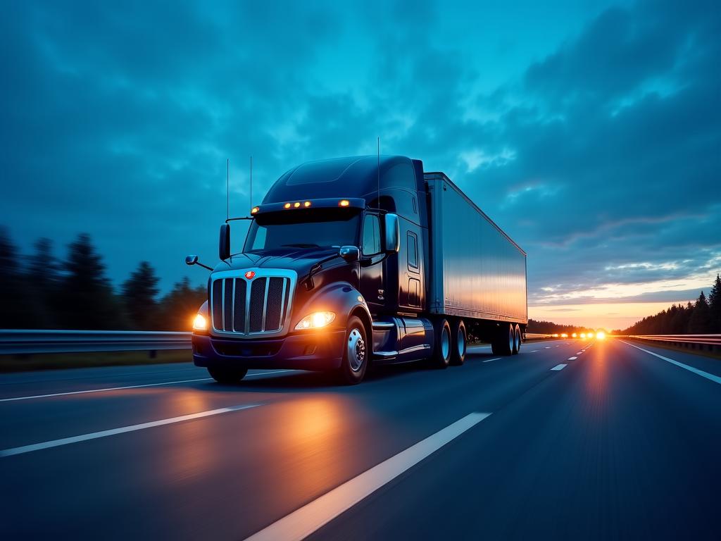 Modern logistics semi-truck on a highway at dusk