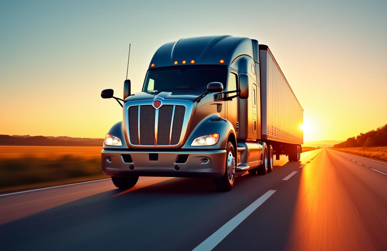 Modern logistics truck traveling on highway at sunset