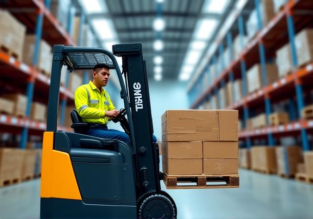 Forklift operator in high-efficiency warehouse