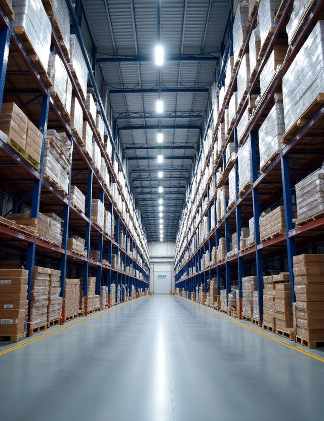 Clean organized warehouse floor with cargo pallets