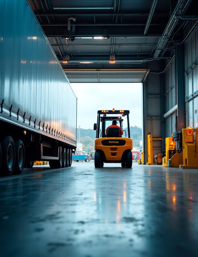 Busy loading dock with freight being moved into containers